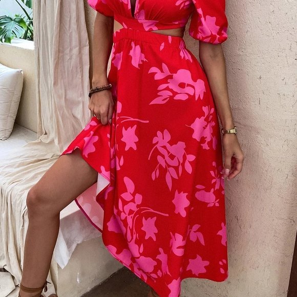 Red Boho Womens Floral Print Puff Sleeve Cut Out Tie Back Dress - Picture 5 of 5